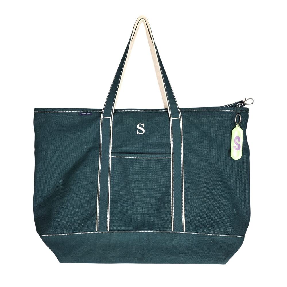 LANDS’ END LARGE CANVAS TOTE – GREEN/BEIGE – MONOGRAM “S” – 100% COTTON